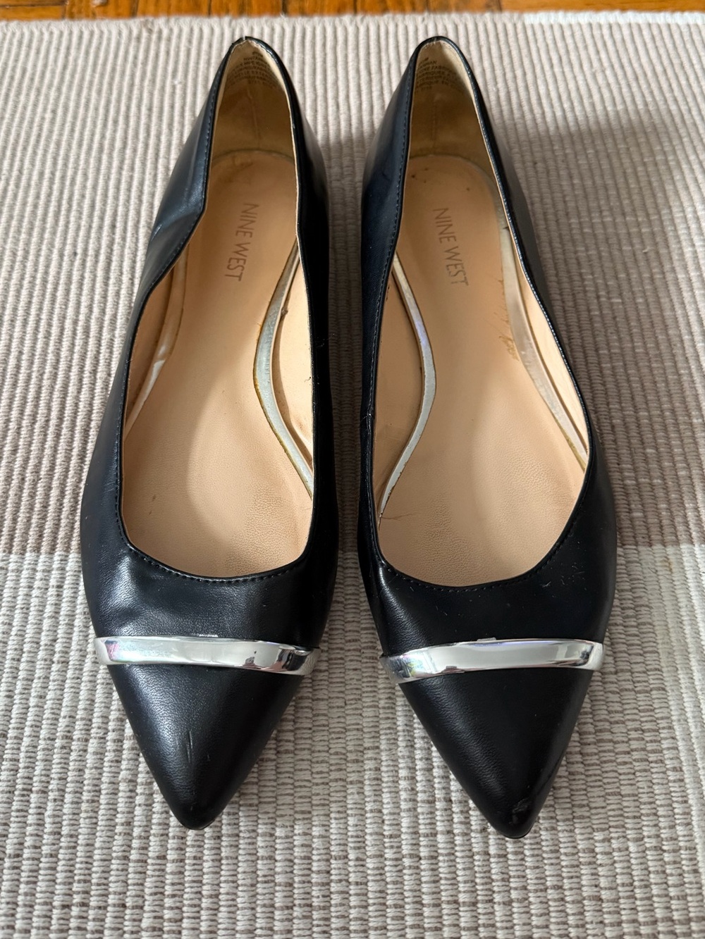 Nine West Black Pointed Toe Flats with Silver Trim